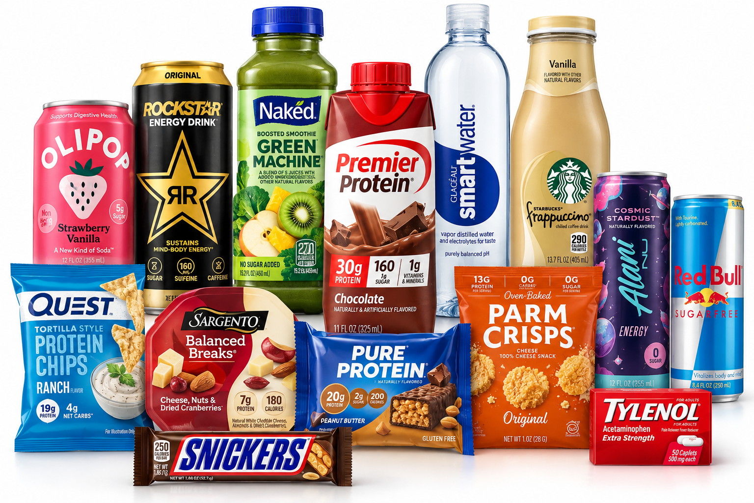 Assortment of protein, hydration, energy and gym essentials available for custom stocking