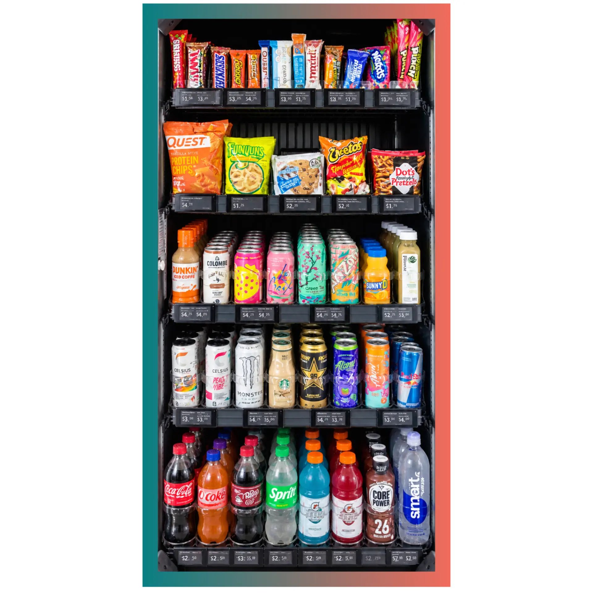 A fully stocked Smart Vending Machine with snacks and drinks